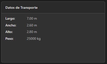 Datos de transporte del equipo, para logística y traslados.